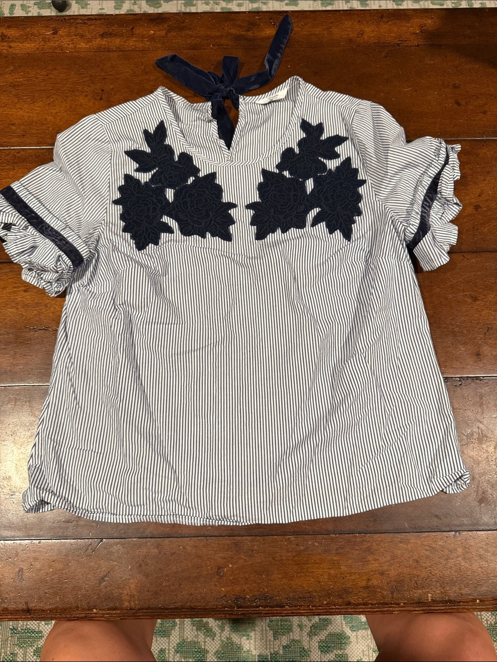 crown & ivy Navy and White Striped Blouse with Navy Floral Appliqué